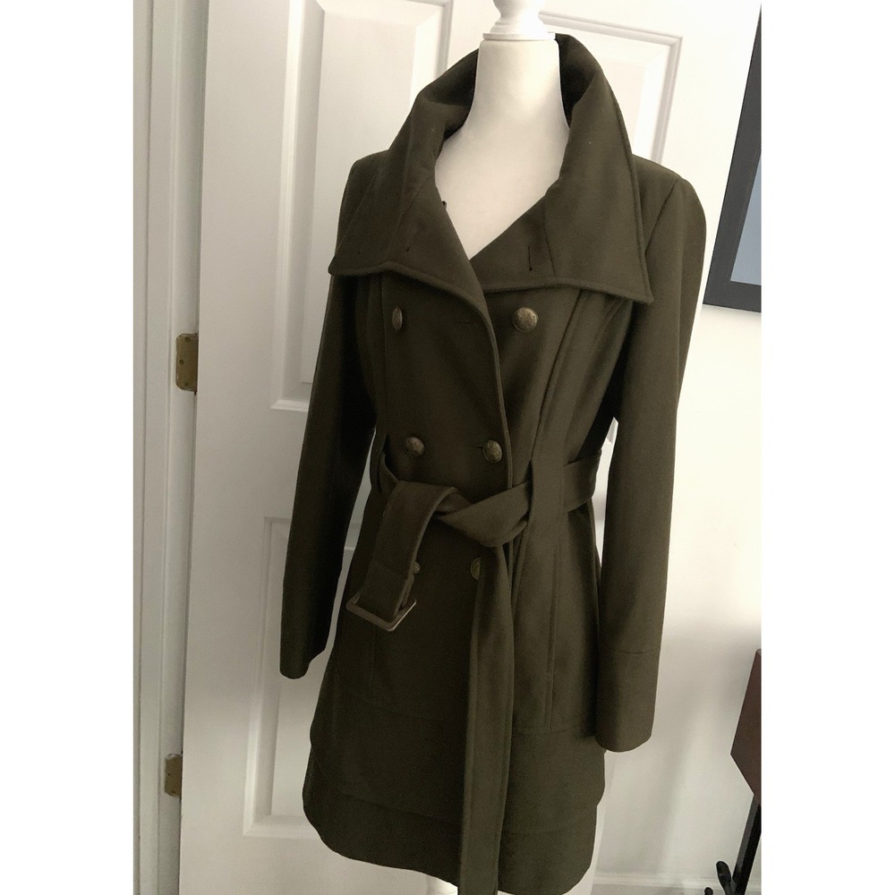 VTG New York Co Green Wool Military style Long Dress Coat High Funnel Neck sz S